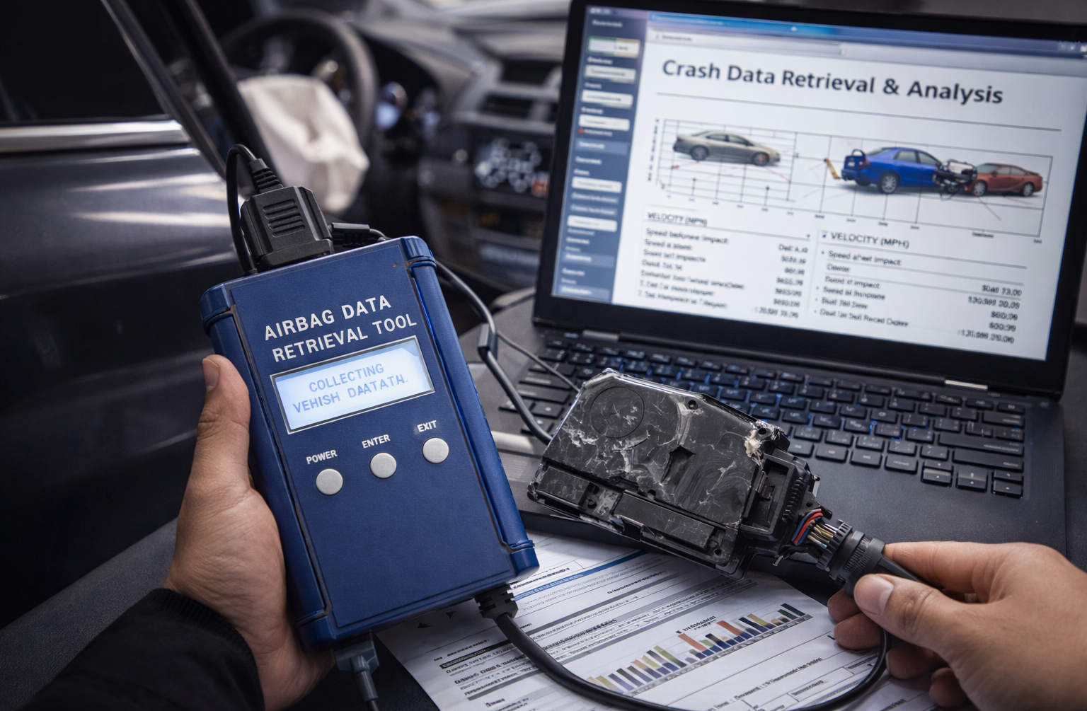 Crash data retrieval and analysis in progress using an airbag data tool connected to a vehicle module with accident data displayed on a laptop