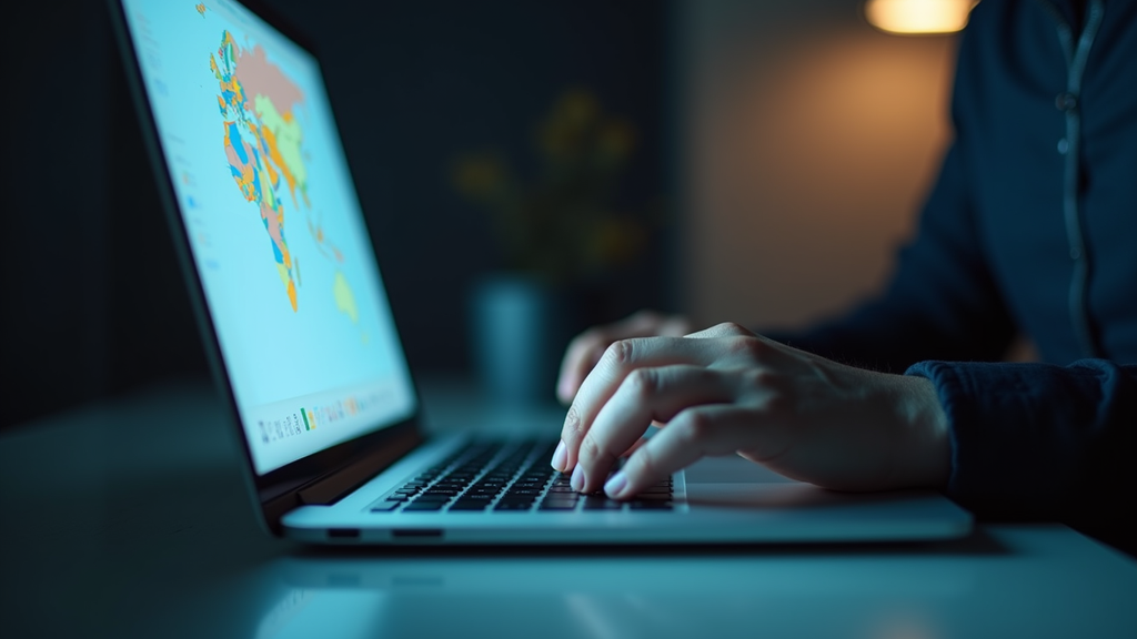 Eye-level view of a professional investigator working on a laptop