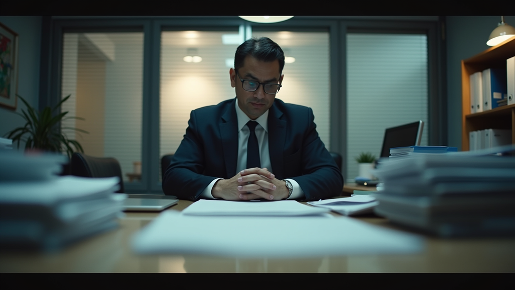 Eye-level view of a private investigator reviewing case files in an office