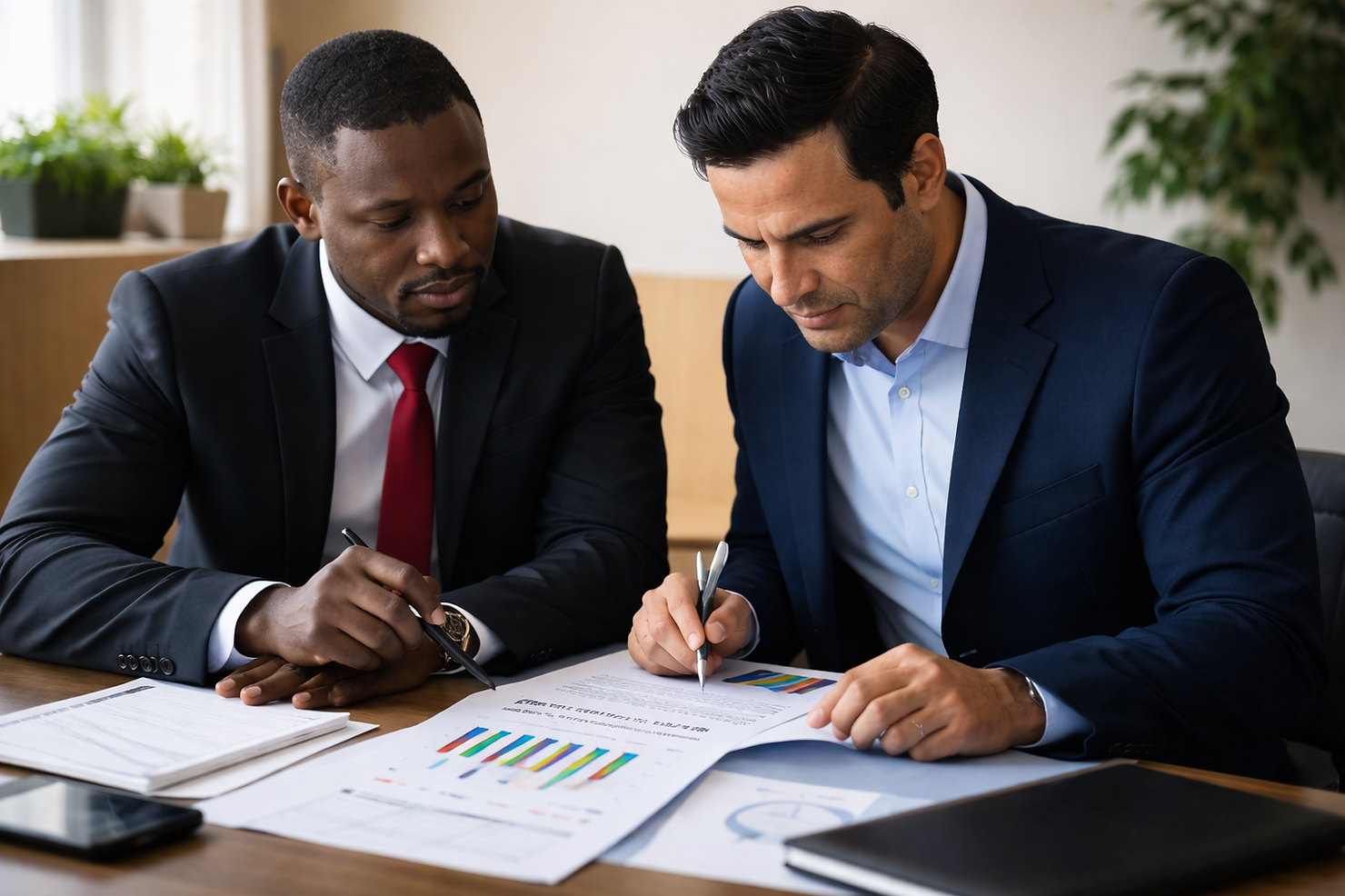 Two business professionals reviewing a risk assessment report and charts in an office setting
