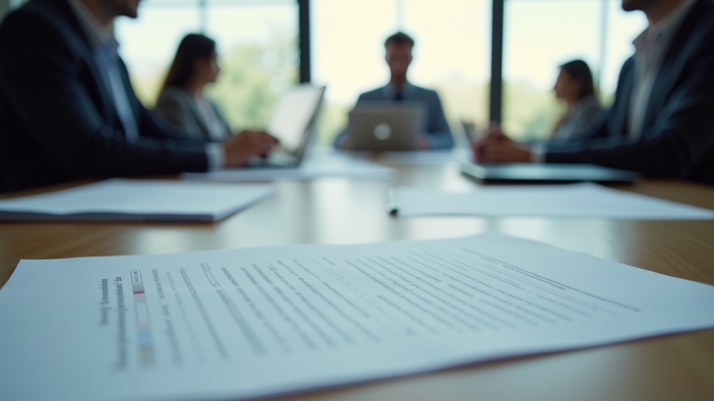 Eye-level view of a business meeting with documents and laptops on the table